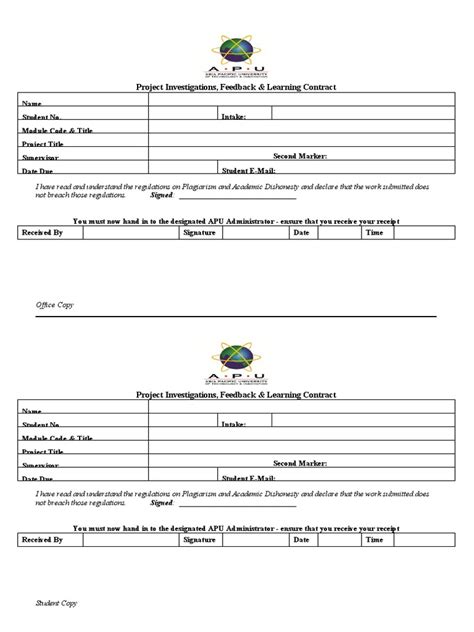 APU Project Investigations Feedback Learning Contract Acknowledgement Form v28062017